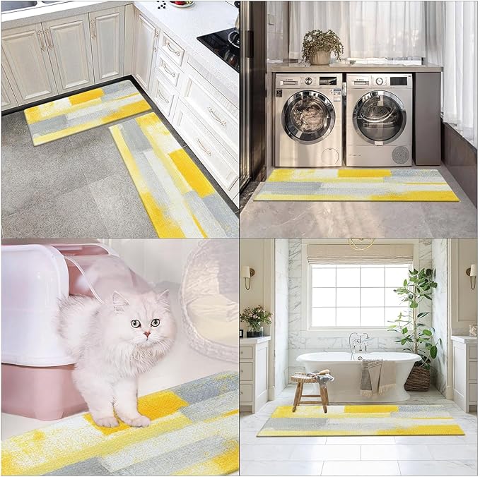 Arttown Gray Yellow Anti-Fatigue Kitchen Rug Set of 2 Office Contemporary Abstract Vintage Cushioned Floor Standing Mat Waterproof Non-Slip Kitchen Mat PVC Ergonomic Comfort Foam Rug