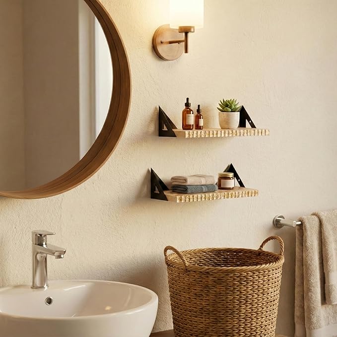 Hanging Wall Shelves Set of 2 - Wood Wall Shelves with Gold Accents for Bathroom, Bedroom, Living Room - Heavy Duty Wall Mounted Storage & Decor Shelves with Metal Brackets, Easy Install