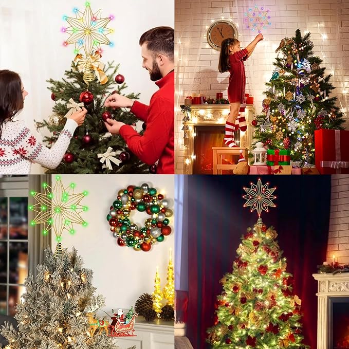Christmas Tree Star Topper, RGB 8In Glittered Star Tree Topper Light with 20 LED Lights, Hollow Designed with USB Plug for Indoor New Year Holiday Tree Decoration
