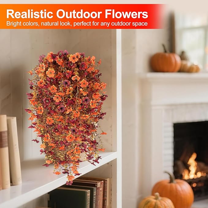 Fall Decor Artificial Flowers for Outdoor Decoration, 4Pcs Fake Hanging Flowers Mums Silk UV & Fading Resistant, Artificial Faux Plants for Home Patio Yard Garden Farmhouse Halloween