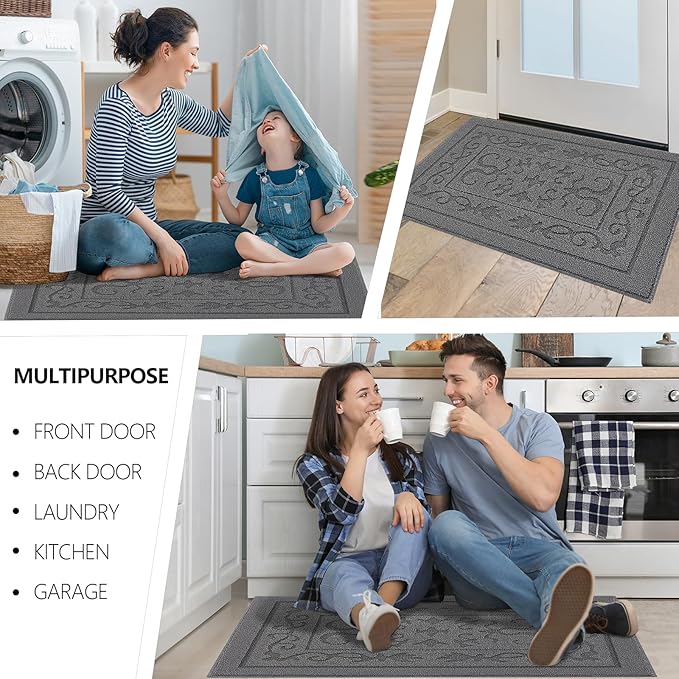 FONEYI Indoor Door Mat 20" x 32", Dirt Trapper Door Mats Non-Slip Entryway Rugs Washable, Absorbent Resist Dirt Welcome Mat, Low Profile Inside Floor Mats for Front Back Door and Entryway, Grey
