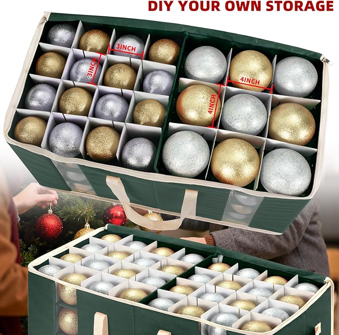 JY COOKMENT Christmas Ornament Storage Box with Adjustable Dividers and Side Pockets, Large Ornaments Storage Container Bin with Zippered Top for Xmas Decorations (128-3" Balls, Green, Without Tray)