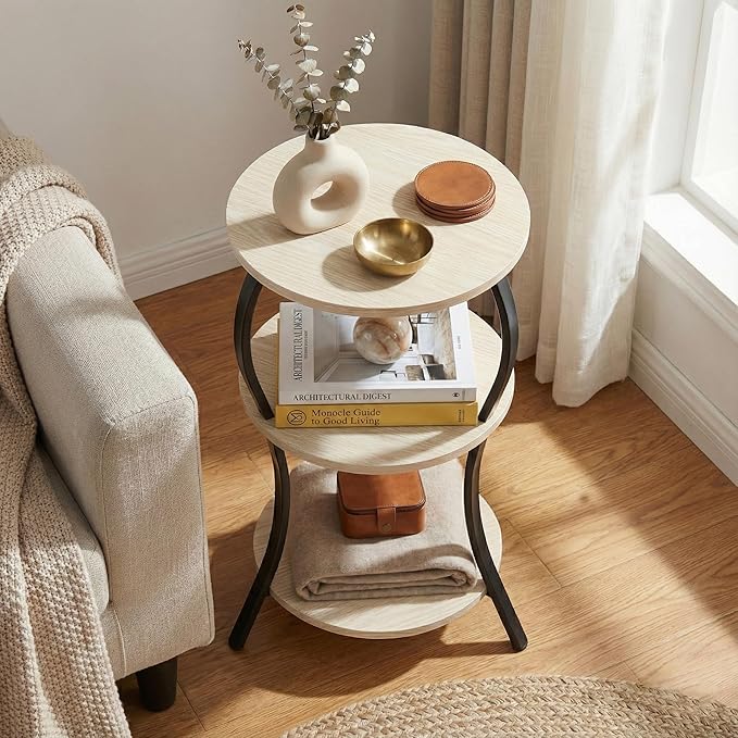 Vintage Small Round Side Table, 3-Tier Slim Waist Circular End Table with Storage Shelf, Compact Tea Sofa Side Table, Round Corner Coffee Table Nightstand for Living Room Bedroom Small Spaces,Oak