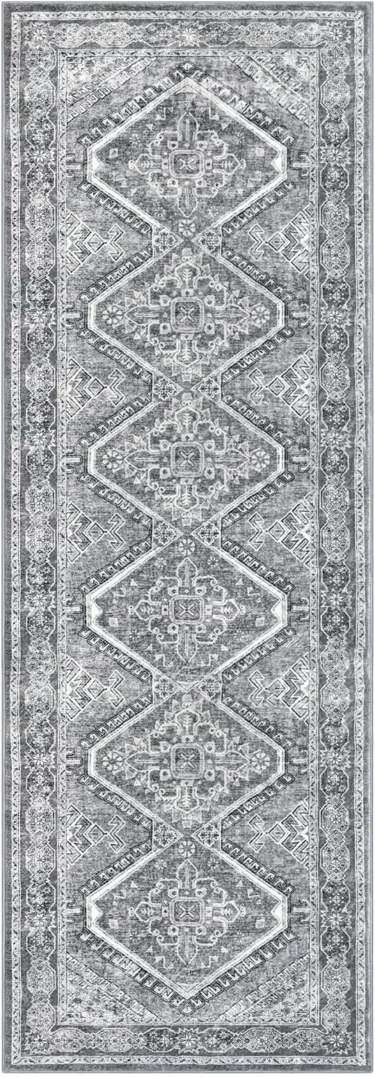 KUTA Oriental Washable Runner Rug, 2x7 Non-Slip Vintage Grey Hallway Kitchen Runners Soft Printed Distressed Tribal Farmhouse Floor Carpet Rugs for Laundry Bedroom Living Room