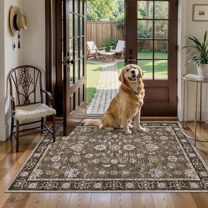 Tangsoo 3x5 Brown Washable Rug, Vintage Throw Entryway Rugs Non Slip, Soft Low Pile Floor Rug Floral Indoor Area Rugs Carpet for Living Room Bedroom Office Laundry Bedside Entry Entryway Farmhouse