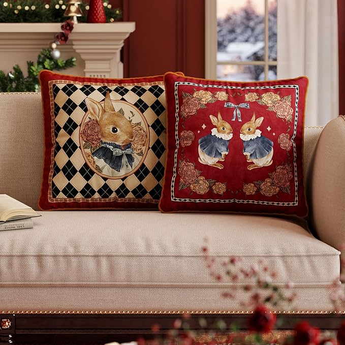 Grandmillennial Checkered Pillow Cover, Velvet Euro Sham Covers Decorative Throw Pillow Covers 18x18 for Couch Sofa Bed Living Room, Christmas & Holiday