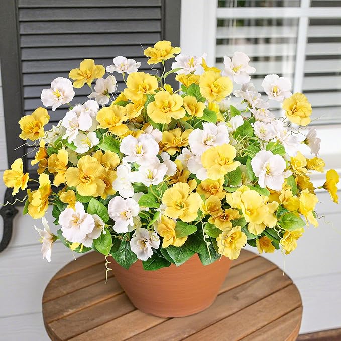 Hibiscus Artificial Flowers Plants for Outdoors Decoration, 6 Bundles Silk Bouquet Tropical Flowers Artificial Realistic UV Resistant Fake Flower for Outside Planter Porch Patio Balcony (Yellow White)