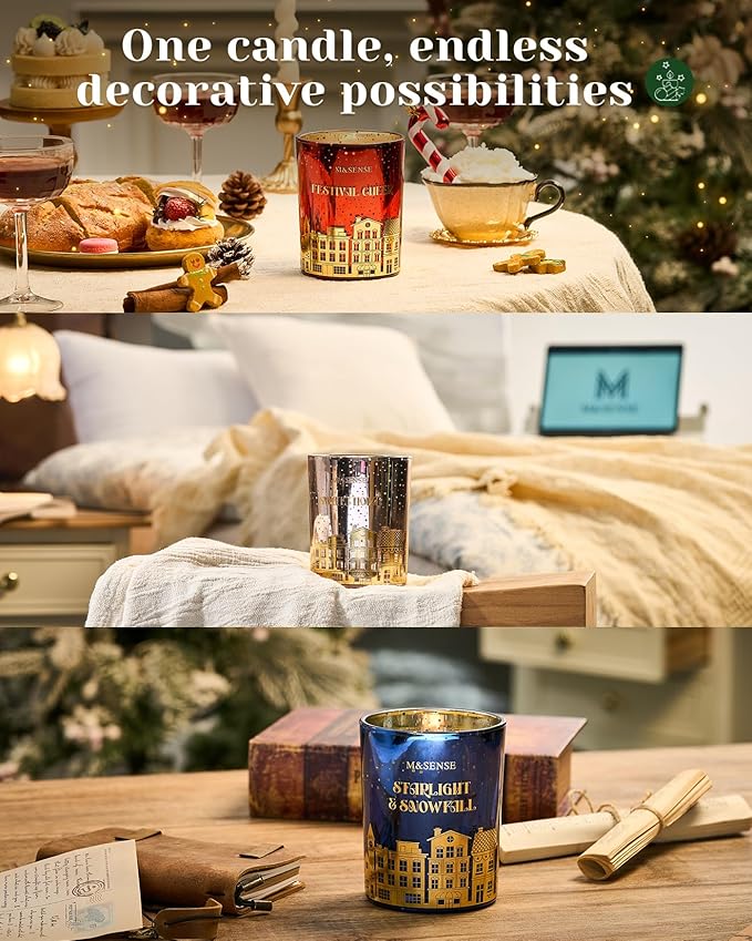 M&SENSE Christmas Candles, Startlight Snowfall Scented Winter Candle Natural Soy Wax 18oz 100 Hours Clean Non Toxic Burn, Cracking Wooden Wick Large Gift for Holiday Family Friends