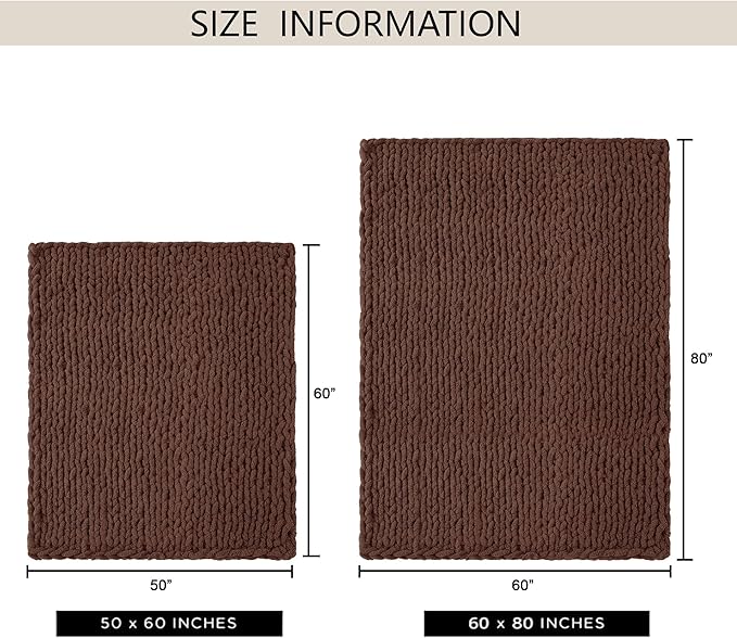 Chunky Knit Throw Blanket 60"X 80", 100% Handmade with Soft Chenille Yarn, 6.7lbs Thick Cable Knitted Blankets, Large Rope Knot Crochet Throws for Couch Sofa Bed Home Decor, Dark Brown