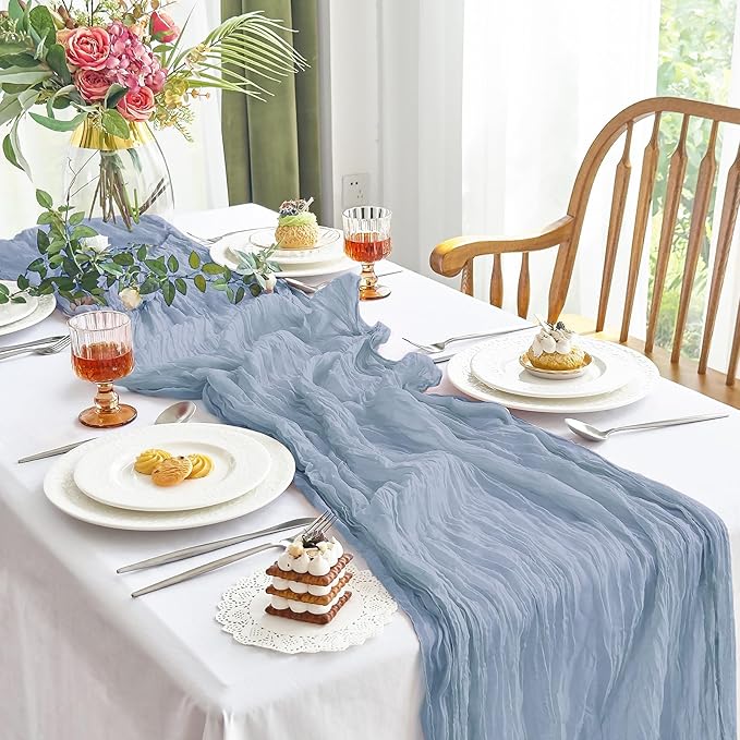 IVAPUPU 6 Pcs Cheesecloth Table Runner - 10ft Dusty Blue Boho Gauze Cheese Cloth Table Runners for Baby Shower Decoration Wedding Party Summer Garden Farmhouse