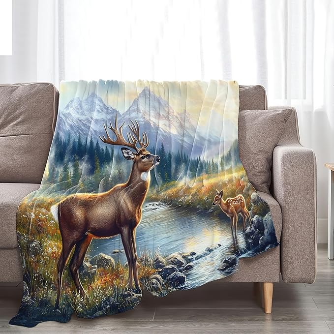 Tijuboni Elk Deer Throw Blanket Mountain Cabin Gifts for Women Men Girls Boys Kids Adults Soft Flannel Fleece Blanket for Couch Sofa Bed Home Decor 60"x80"