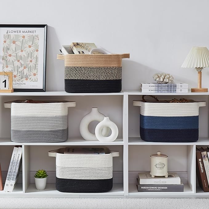 Storage Basket for Organizing, Woven Baskets for Storage, Rectangle Decorative Baskets for Shleves, Closet, Toys, Books, Nursery Organizer Bins - Pack of 3 (Gradient Black, 13"x9.85"x8.7")