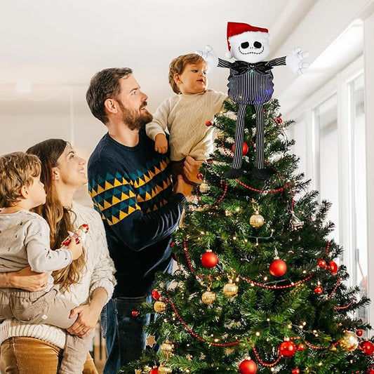 Christmas Tree Topper with Colorful String Light, Stretchable Body Jack Huggers with Santa Hat, Poseable Handmade Tree Topper for Halloween Christmas Party Decor (Jack Tree Topper)
