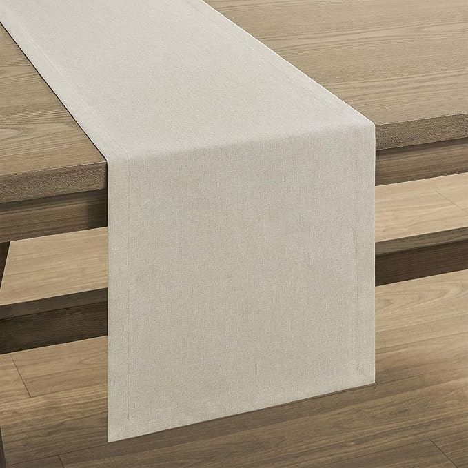 ZeeMart Basic Linen Style Table Runner, 14 x 60 Inch Raw Linen, Rustic Farmhouse Light Beige Table Runners 60 Inches Long, Everyday Polyester Table Runner - Machine Washable & Easy Care