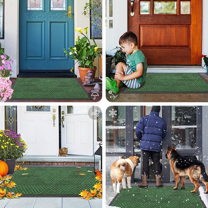 Smiry Front Door Mat Outside Entrance, Heavy Duty Sturdy Natural Rubber Doormat, Trap Dirt and Moisture, Easy Clean Low Profile Mats for Indoor Outdoor Entry, Irregular Triangle (71x47, Green)