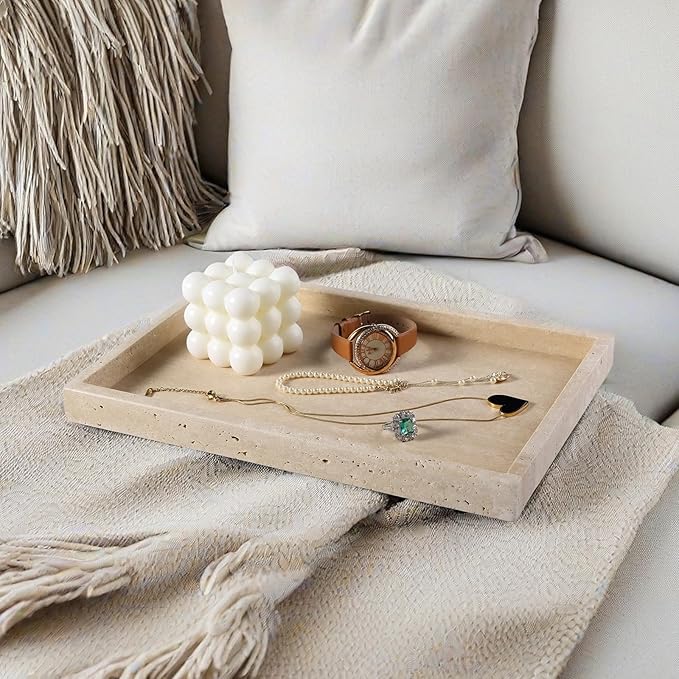 Koville Roman Travertine Tray, 12x8 Coffee Table Vanity/Decorative Tray for Jewerly, Watch, Perfume Candle Storage for Bedroom/Bathroom/Kitchen Countertop