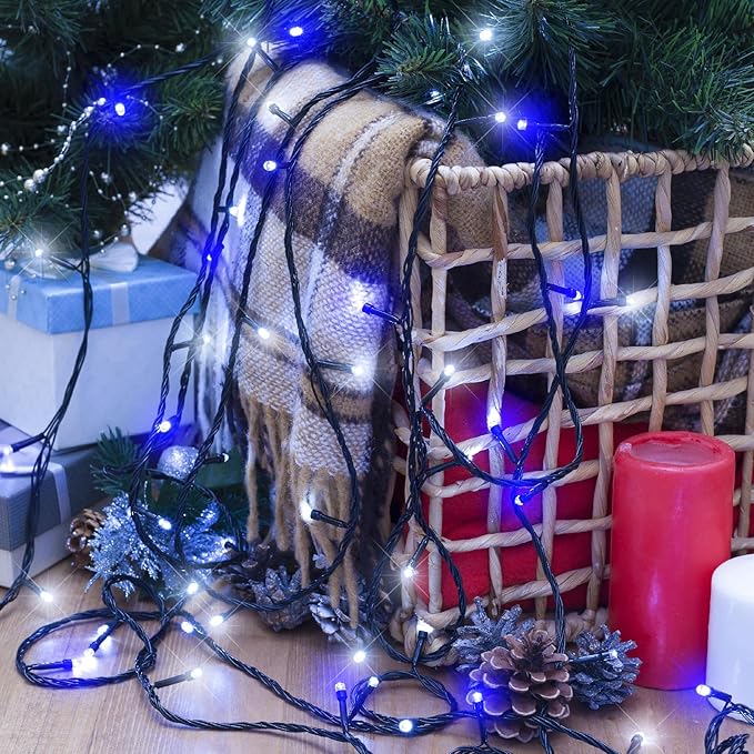 Blue and White Christmas Lights Outdoor, 100FT 300 LED Christmas Tree Lights with 8 Modes Waterproof, Connectable Green Wire String Twinkle Lights for Indoor Patio Garden Xmas Party Decorations