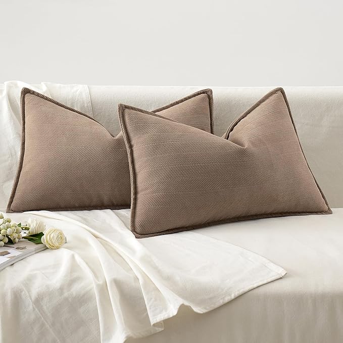 MIULEE Pack of 2 Coco Brown Decorative Lumbar Pillow Covers 12x20 Inch Soft Chenille Luxurious Couch Throw Pillows Farmhouse Cushion Covers with Elegant Design for Sofa Bedroom Living Room Home Decor