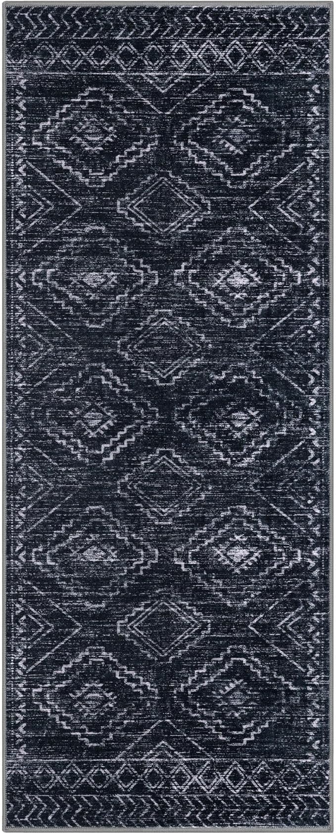 KILOCOCO Boho Kitchen Runner Rug 2x5 Washable Runner Rug, Soft Runners for Hallways Non Slip Printed Distressed Laundry Room Rug, Low-Pile Rug for Entryway/Bedroom/Living Room, Black/Navy