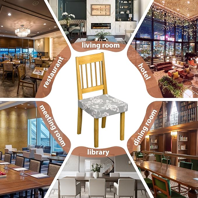 Stretch Dining Chair Seat Covers Set of 4,Dining Chair Slipcovers, Floral Printed Chair Covers,Soft Fabric Washable Upholstered Chair Seat Protector, No Rear Covers for Home Kitchen Dining Room