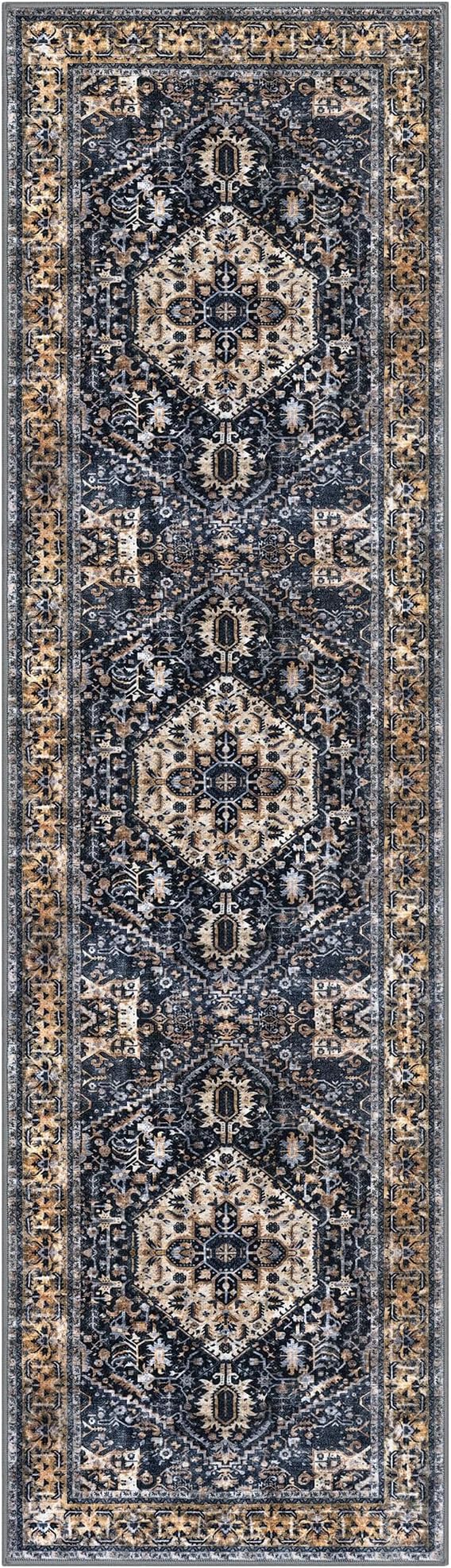 KOZYFLY Long Runners for Hallways 2.6x10 Ft Washable Kitchen Boho Runner Rug for Entryway Indoor Gold Navy Printed Faux Wool Stair Runner Floor Carpet Runner for Stair Kitchen Hall