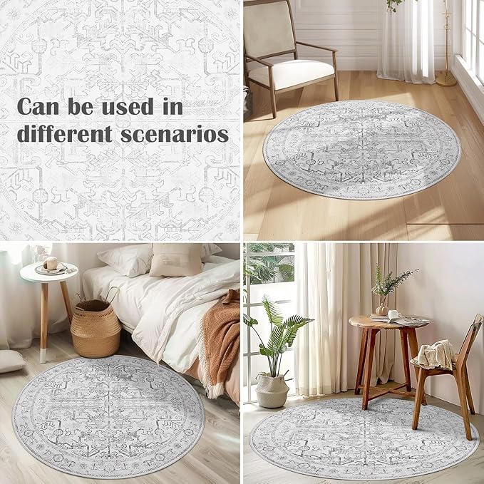 jinchan Lima Round Rug 7ft Vintage Machine Washable Area Rug Indoor Circle 7' Ultra-Thin Non-Slip Floral Print Carpet for Farmhouse Entryway Dining Room Living Room Bedroom Office (7'Round, Grey)