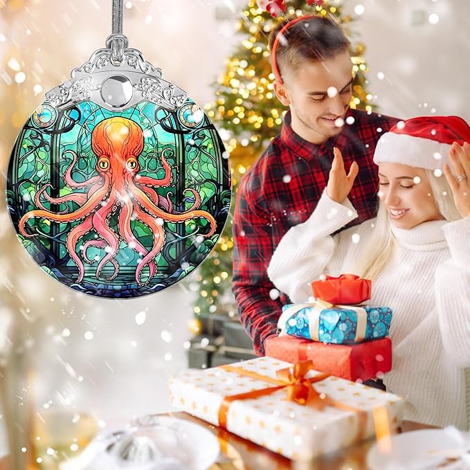 Stained Glass Christmas Ornament, Jocidea Octopus Christmas Decorations, Christmas Tree Ornament, Octopus Lovers Gifts, Holiday Decor and Xmas Gifts Ideas