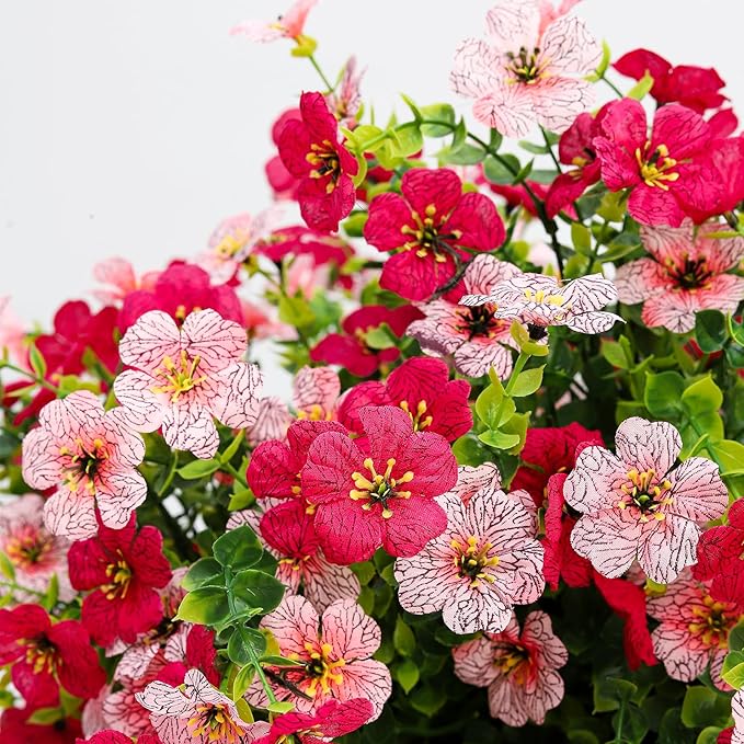 Artificial Flowers for Outdoors 6PCS,All Weather Fade Proof, UV Resistant Waterproof Realistic Faux Silk Mums Daisies Rose Red & Pink for Hanging Planters Porch Patio Balcony Deck Fence Garden Decor