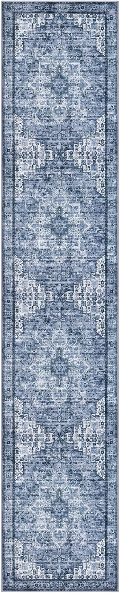 2x10 Washable Rug for Entrance, Blue Soft Printed Area Rug, Non-Slip Kitchen Rugs, Low-Pile Medallion Indoor Door Mat, Small Farmhouse Carpet for Entryway Kitchen Foyer Bedside