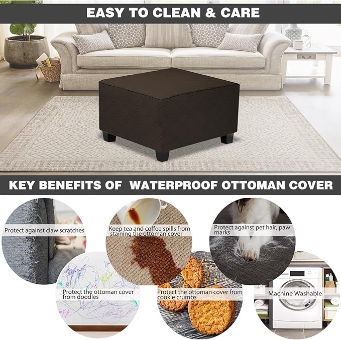 Ottoman Cover Square,Waterproof Square Ottoman Covers Thick Slipcover for Living Room,Washable Storage Footstool Furniture Protector for Dogs,Pets,Chocolate,Small