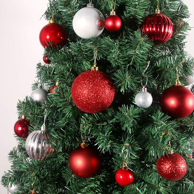 GameXcel 24Pcs Christmas Balls Ornaments for Xmas Tree - Shatterproof Christmas Tree Decorations Medium Hanging Ball Silver & Red 2.5 Inch x 24 Pack