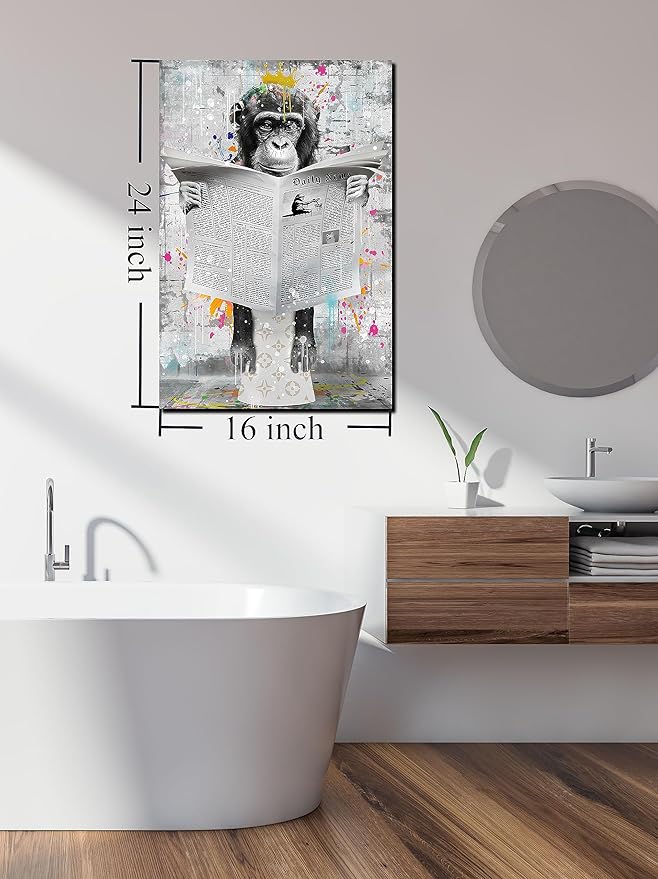 GUGIKA Monkey Wall Art for Bathroom, Funny Graffiti Art Wall Decor for Bedroom, Black and White Painting Canvas for Living Room, Restroom Picture, 16x24 Inch