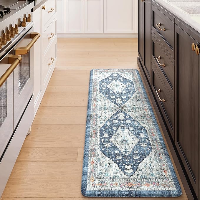 Collive Boho Kitchen Floor Mats, Cushioned Anti Fatigue Kitchen Runner Rugs, Comfort Non Slip Standing Mats for Floor, Laundry, Office, Sink, 17.3''x59'' Dark Blue
