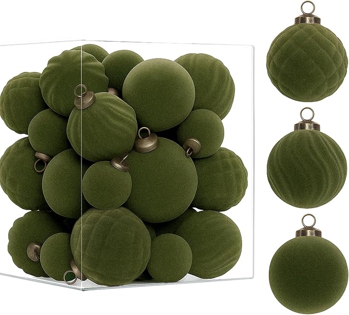XmasExp 36PCS Velvet Christmas Ornaments Set Mixed Flocked Balls Ornaments Shatterproof Christmas Tree Decorations for Holiday,Party,Home(Green)
