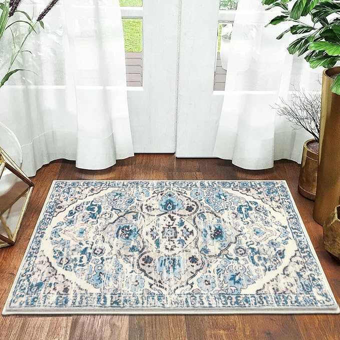 HEBE Washable Area Rug - 2'x3' Non Slip Soft Distressed Medallion Bedroom Boho Living Room Accent Throw Vintage Entry Floor Carpet for Dining Room Bathroom Entryway