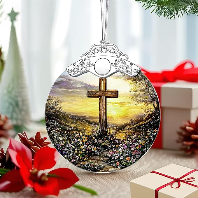 Cross Sunset Ornament – Christian Christmas Decor & Religious Christmas Ornament; Christian Home Decor (Holiday Present, Bauble Present, Christian Gifts, Religious Gifts, Gift Idea, Gift Exchange)