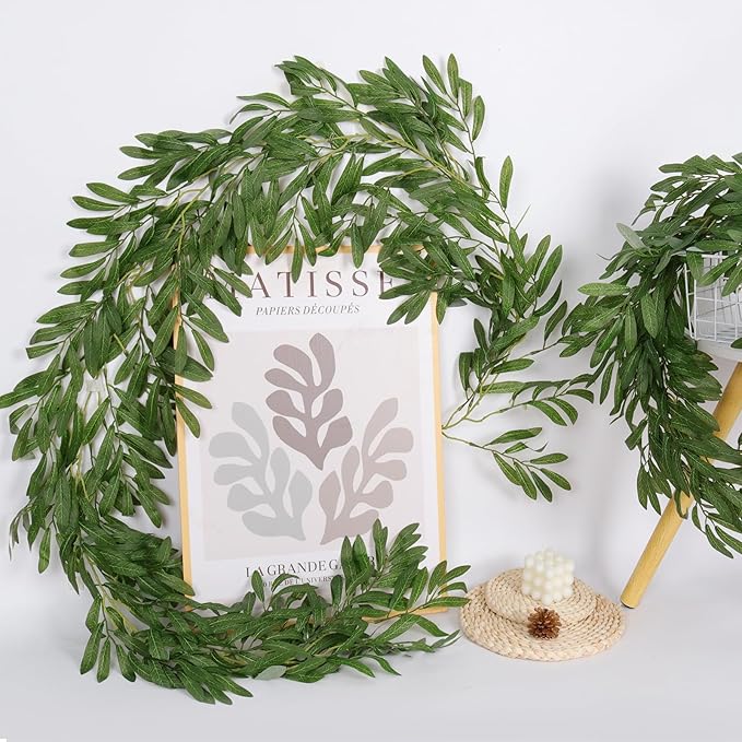 RECUTMS 2Pcs Artificial Olive Leaves Garlands 6.2Ft-Fake Hanging Silk Willow Leave Ivy Vines Faux Bayberry Leaf Twigs Greenery Rattan for Indoor Outdoor Wedding Birthday Party Home Garden Table Decor