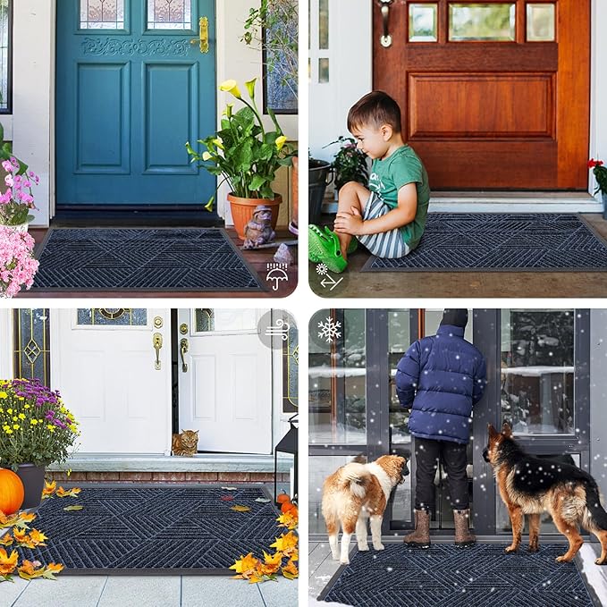 Smiry Front Door Mat Outside Entrance, Heavy Duty Sturdy Natural Rubber Doormat, Trap Dirt and Moisture, Easy Clean Low Profile Mats for Indoor Outdoor Entry, Irregular Triangle (47x17, Navy Blue)