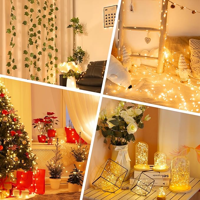 Lakumu 132FT(33 * 4) Fairy Lights Battery Operated, Rechargeable String Lights with Timer, LED Twinkle Lights for Bedroom, Christmas Decorations, Wedding, Centerpiece Table Decor Warm White