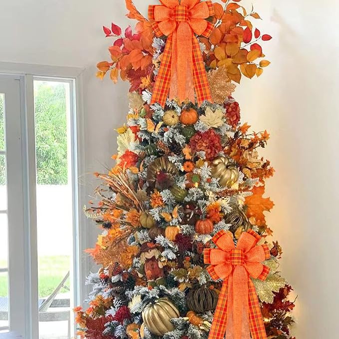 2 Pack Fall Bows for Wreaths Decorations for Home, Halloween Tree Topper Bow, Thanksgiving Bow with Orange Buffalo Plaid Burlap Front Door Outdoor