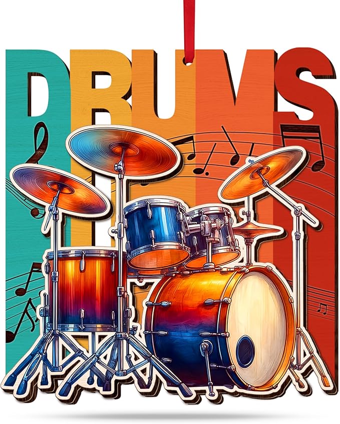 GEEMBI Drum Ornaments for Christmas Tree - Wooden Drum Christmas Ornaments 2025 for Tree Decorations - Music Teacher Drummer Gifts for Musicians Friends, Music Ornaments, Stocking Stuffers Ornament