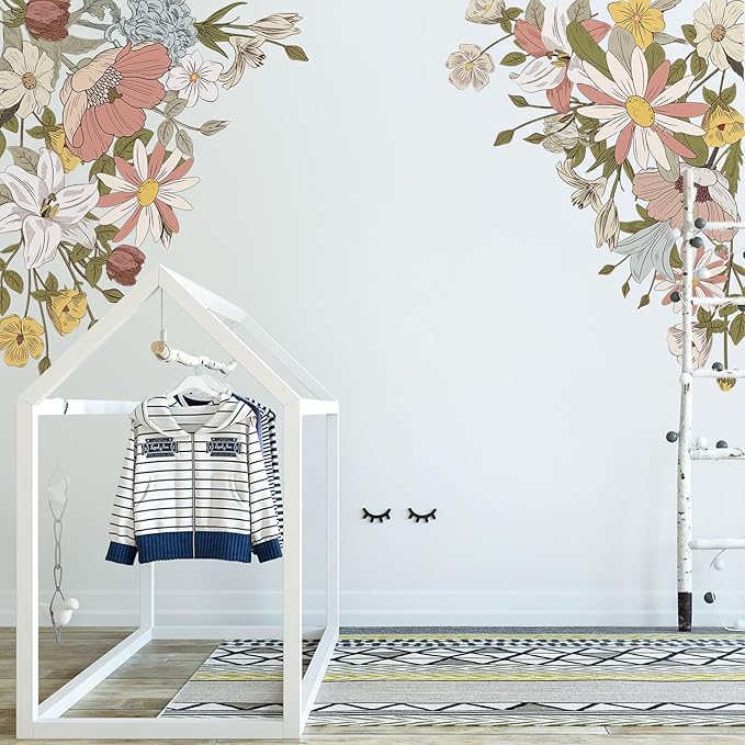 Large Pink Flowers Wall Decals, Colorful Floral Botanic Wall Stickers, Spring Peel and Stick Wallpaper for Girls Bedroom Nursery Classroom Living Room Wall Decor