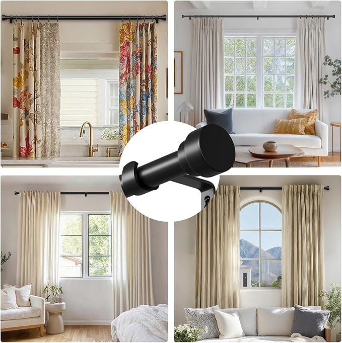 Oneach Black Curtain Rods for Windows 48 to 84 Inch, 1 Inch Pole Adjustable Length Heavy Duty Metal Curtain Rod Set, for Outdoor Bedroom Kitchen Living Room (16 to 88 Inch)