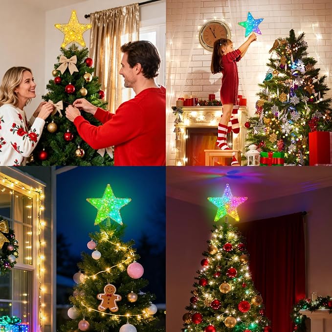 Christmas Tree Star Topper, LED Tree Decorations, UL Certified Colorful Star Tree Topper Lights for Home Garden USB Plug in Xmas Tree New Year Holiday, APP and Remote Control, DIY Dimmer(Gold)