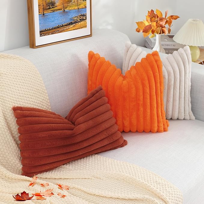 decorUhome Faux Fur Thanksgiving Day Throw Pillow Covers 20x20 Set of 2, Decorative Soft Plush Striped Neutral Couch Euro Pillow Covers with Velvet Back for Sofa, Bed, Living Room Home Decor, Rust