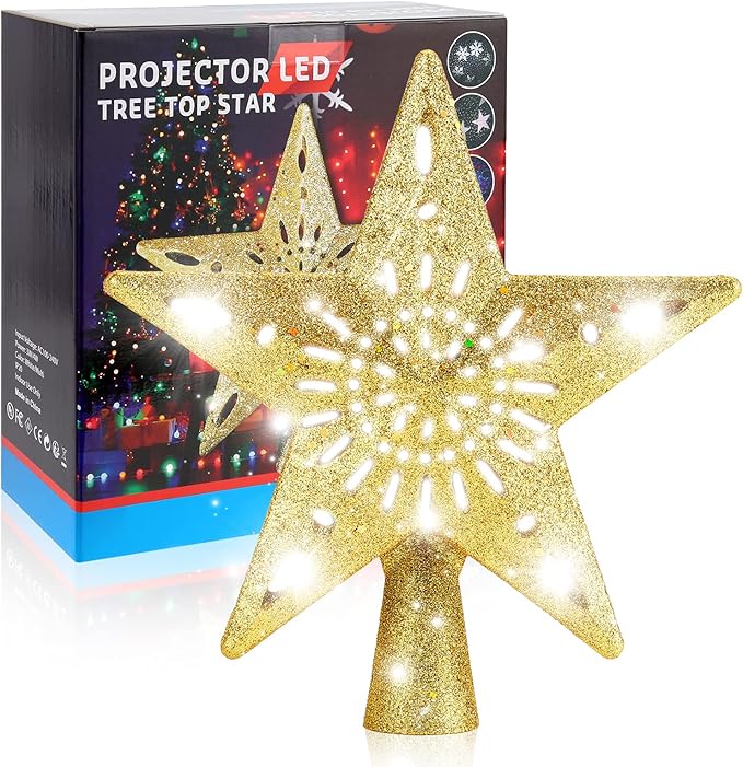 Christmas Tree Topper Star Lighted with Rotating Snowflake LED Projector, Gold Star 3D Glittered Christmas Xmas Tree Decorations Projector Angle Adjustable
