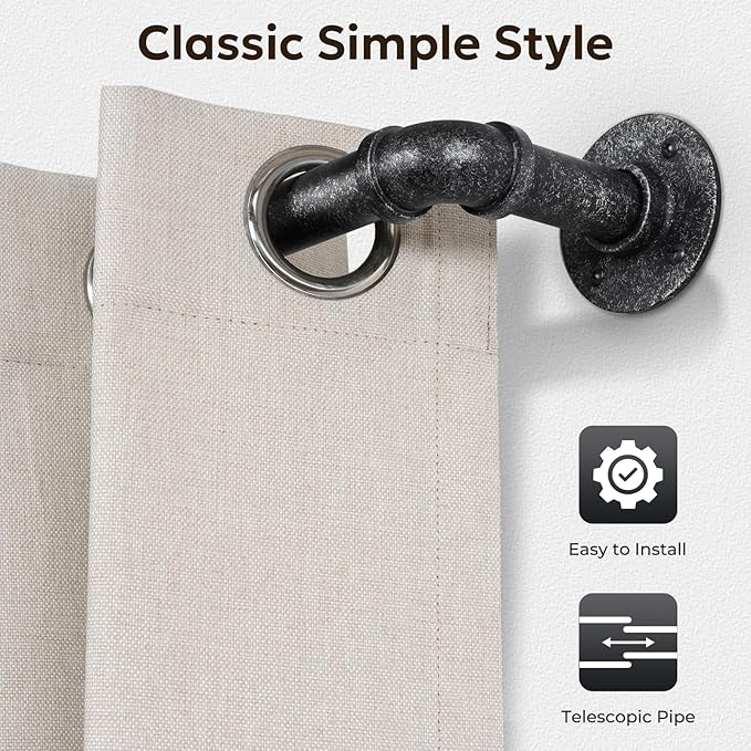 Zeerobee Curtain Rods for Windows 48 to 84, 1 Inch Industrial Wrap Around Vintage Black Curtain Rod, Indoor/Outdoor Room Divider Adjustable Drapery Pole, 48"-86"