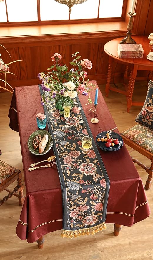 patdrea Designer Vintage Black Floral Extra Long Velvet Table Runner 118 Inch Long,Pink Khaki Bouquets Pattern Table Mat,Decor for Kitchen Dining Coffee Table Cabinet Banquet Thanksgiving,12"*118"