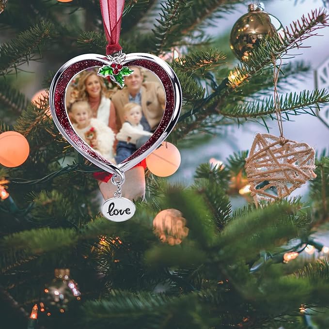 Christmas Tree Ornament Picture Frame Metal Hanging Pendant Holiday 2.5" Photo Frame Charm Decorative of Pets, Baby First Christmas, Family (Love Red)