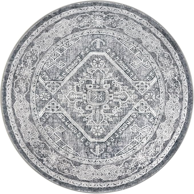 KUTA Oriental Round Rugs 5ft, Grey Washable Circle Rug 5ft, Non-Slip Printed Vintage Medallion Carpet for Living Room, Soft Cozy Dining Kitchen Throw for Entryway